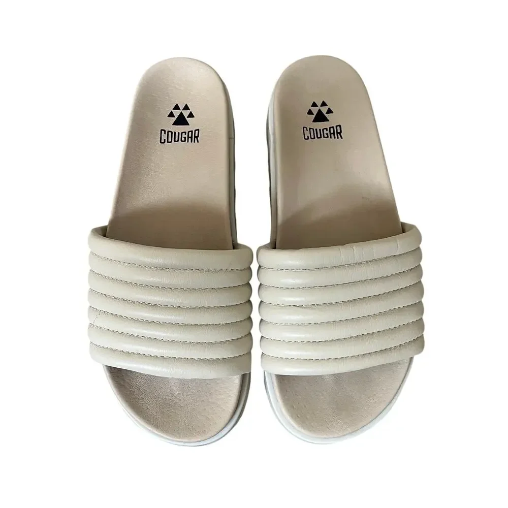 COUGAR 'Naomi' Women's 7.5 Cream Ribbed Leather Slide Sandal Comfort Footbed